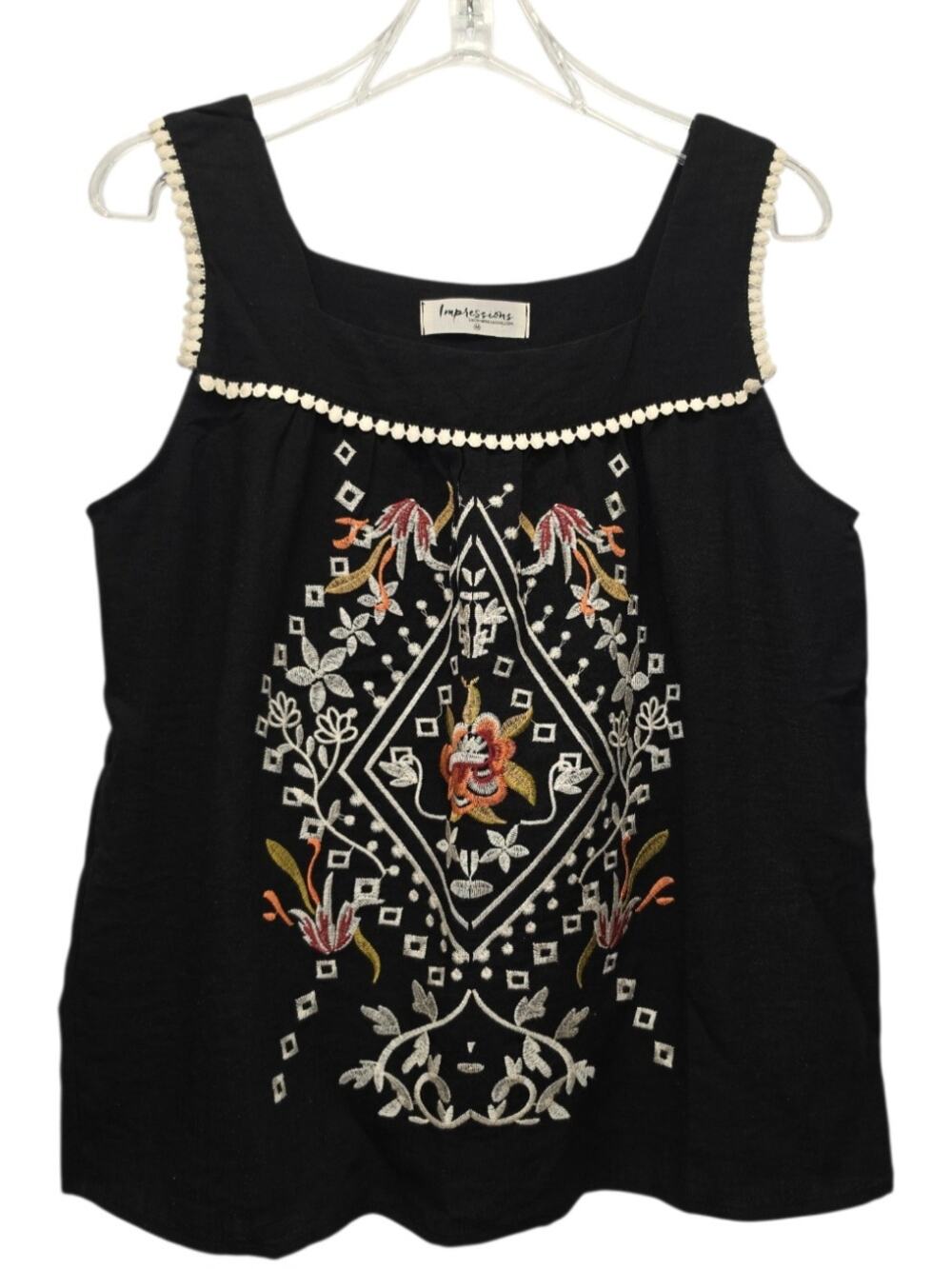 Impressions Black Embroidered Boho Top M Southwestern Western Fall Festival Tank